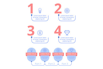 Infographic presenting structured visual guide with numbered sections. Each part highlighting different aspects, such as icons representing tasks, financial concepts, and achievements