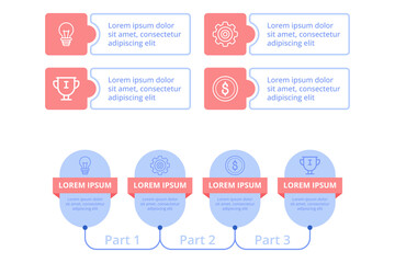 Infographic set displaying various sections featuring light bulbs, trophies, and currency symbols. Each section containing brief text blocks designed for clear information sharing