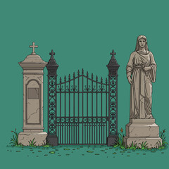 Guarding the Gates Vintage Cemetery Illustration
