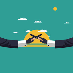 Sunset Deal Two Businessmen Cross Pencils