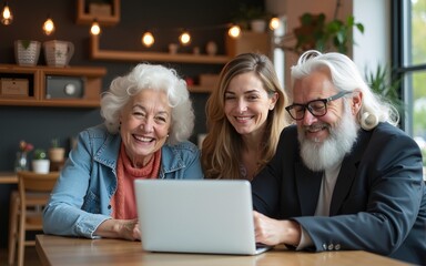 Group of three senior friends sitting in cafe in front of laptop. High quality