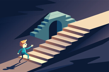 Cartoon man confidently climbs stairs toward success, stepping out of the darkness and into the light, a symbol of ambition and upward mobility
