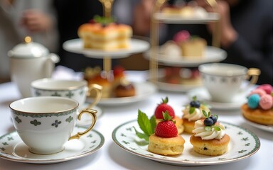 An exquisitely arranged afternoon tea set on a table featuring sandwiches and pastries, paired with fine china and elegant presentations, perfect for social gatherings and celebrations. High quality