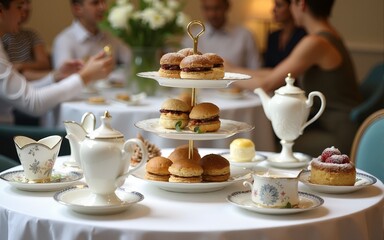An exquisitely arranged afternoon tea set on a table featuring sandwiches and pastries, paired with fine china and elegant presentations, perfect for social gatherings and celebrations. High quality