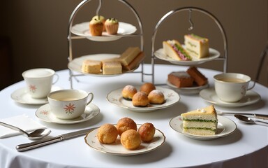 An exquisitely arranged afternoon tea set on a table featuring sandwiches and pastries, paired with fine china and elegant presentations, perfect for social gatherings and celebrations. High quality