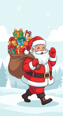 Cheerful Santa Claus walking through the snow, carrying a large sack of colorful presents.