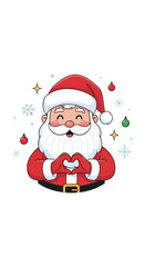 Cheerful Santa Claus making a heart gesture, surrounded by festive decorations.