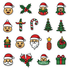 Collection of Christmas themed cartoon icons including Santa, ornaments, holly, candy cane, and a Christmas tree.