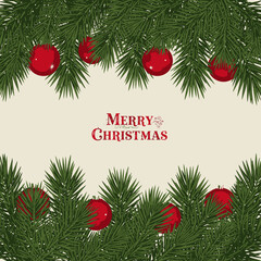 Christmas greeting card design with fir branches and red ornaments framing 