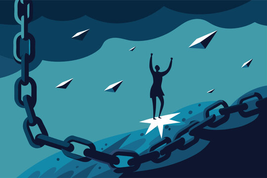 Empowered woman breaking free from limitations and soaring towards success in a dynamic, abstract landscape, achieving her aspirations with determination