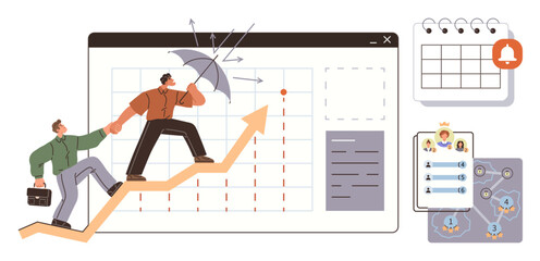 Professionals climbing arrow chart against graph, using umbrella for protection. Includes calendar, task list, milestones, teamwork, strategy, progress tracking and risk management. Simple flat