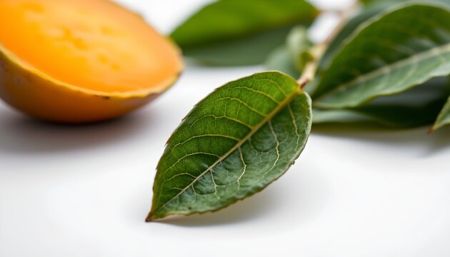 A single orange leaf resting atop an actual orange fruit, suggesting a freshness to both objects.