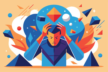 Overwhelmed man gripping his head surrounded by geometric chaos a modern conceptual piece about pressure and stress for mental health campaigns or business