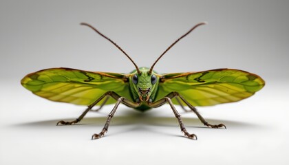 A striking green insect with yellow edges, poised in a state of rest. It stands out against a white background, highlighting its vibrant hues