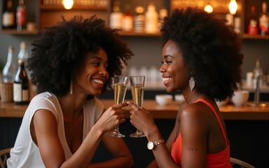 two beautiful black women sisters sitting bar making a toast smiling. High quality