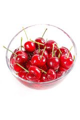 Fresh Red Cherries in Glass Bowl on White Background