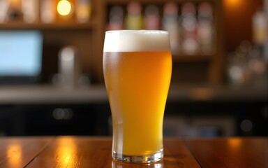 A glass of beer sits atop a bar, ready to be enjoyed. High quality