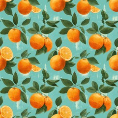 Seamless pattern with bright oranges, green leaves and citrus slices on a blue background illustration for packaging and textile design