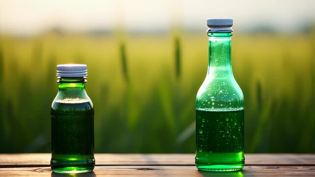 Green tonic bottle concepts against agricultural farmland backdrop, nature medicine