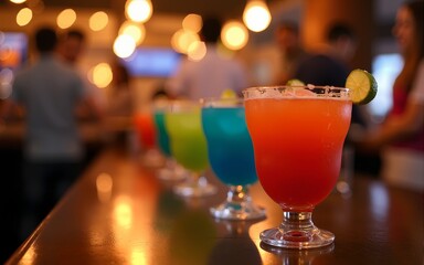 Colorful cocktails on a bar table with blurred people in background. High quality