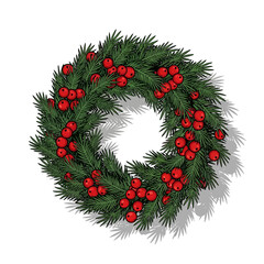 Christmas wreath made of green fir branches and decorated with red berries, casting a shadow.