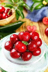 Fresh Red Cherries with Water Droplets on White Plate - Beautiful Domestic Fruit Harvest