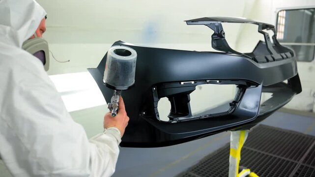 Close up of auto technician spray paint on car bumper inside a clean, ventilated paint booth. Wearing protective coveralls and a respirator using a high precision spray gun.