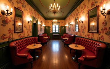 Cozy vintage lounge with floral wallpaper, plush seating, chandeliers, and a chic atmosphere, perfect for relaxation and social gatherings. High quality