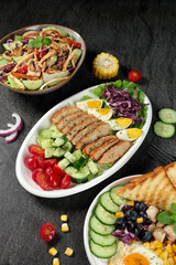 Healthy Chicken Salad Bowls with Fresh Vegetables and Low Fat Nutritious Ingredients for Diet Promotion