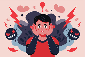 Stressed young man facing anxiety and inner turmoil, surrounded by dark thoughts and fears, ideal for mental health awareness campaigns and support resources