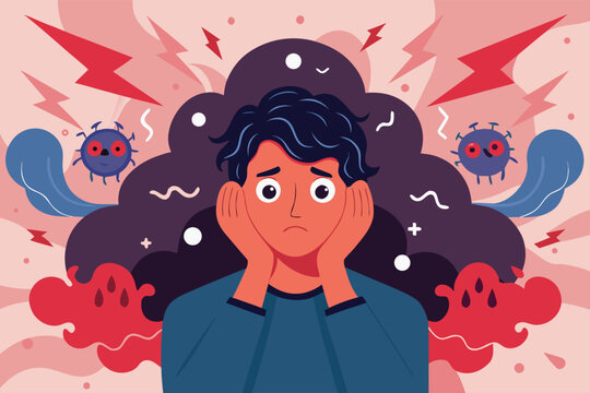 Feeling overwhelmed by anxiety? Illustrated character depicting stress, fear, and health concerns during challenging times, promoting mental wellness and coping.