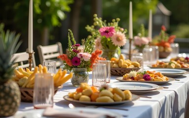 Naklejka premium This image showcases a festive outdoor dinner party with a beautifully arranged table of food, ideal for social gatherings. High quality