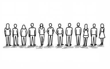 people standing in a row vector illustration sketch doodle hand drawn with black lines isolated on white background. High quality