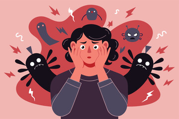Overwhelmed woman facing anxiety monsters and inner demons in a surreal emotional crisis, feeling stressed, scared, and trapped by mental health issues