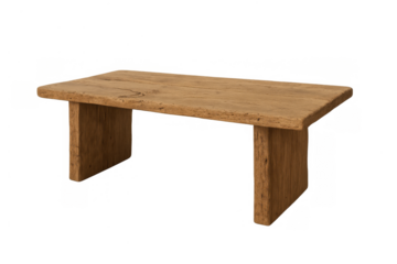 Rustic wooden coffee table displaying natural texture and warm oak finish, isolated on transparent background