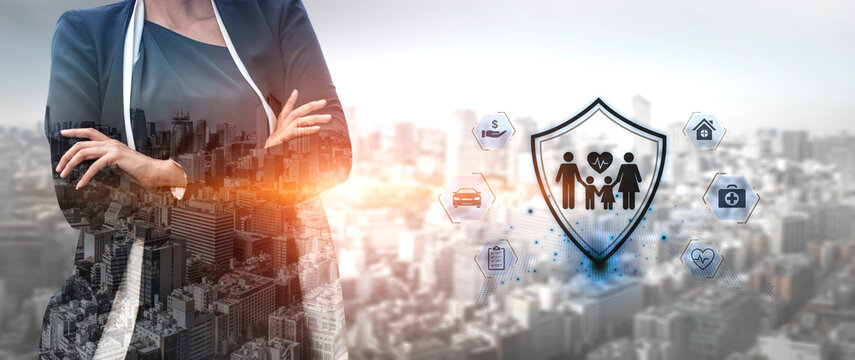 Concept of comprehensive insurance coverage and financial planning. A policy that provides life, health, and asset protection for a family's security and risk management. Fermion