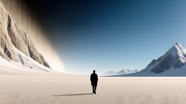 A solitary figure in a dark coat walks across a vast, flat, snow-covered plain towards distant snow-capped mountains under a clear blue sky. The scene is bathed