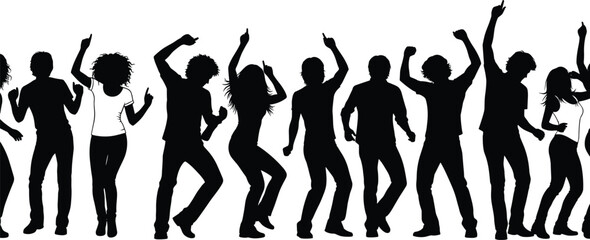 Dancing people silhouette at night club, party, or concert, expressing joy, celebration, and fun, vector illustration isolated on white background.