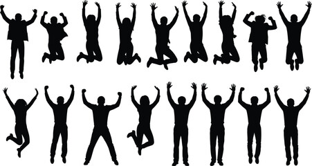 Collection of happy people silhouettes jumping high with raised hands, celebrating success, achievement, freedom, joyful victory, or team excitement.