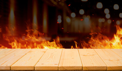 Burning Table in the City: A close-up shot of a wooden table engulfed in flames, set against a...