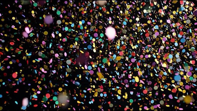 Colorful Confetti Falling Against Black Background, Celebration, Party.
