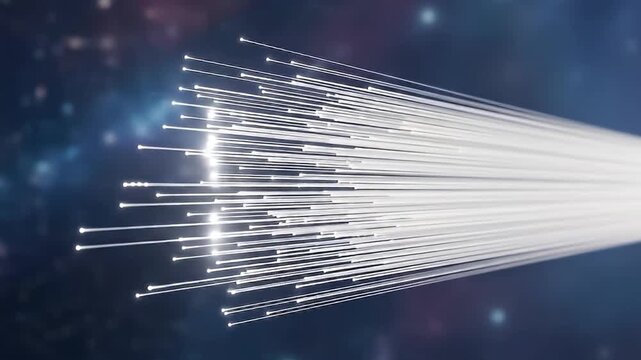 This abstract animation depicts numerous luminous white lines, reminiscent of fiber optic cables, rapidly expanding and spreading across a dark blue, cosmic-like background with subtle bokeh effects. 