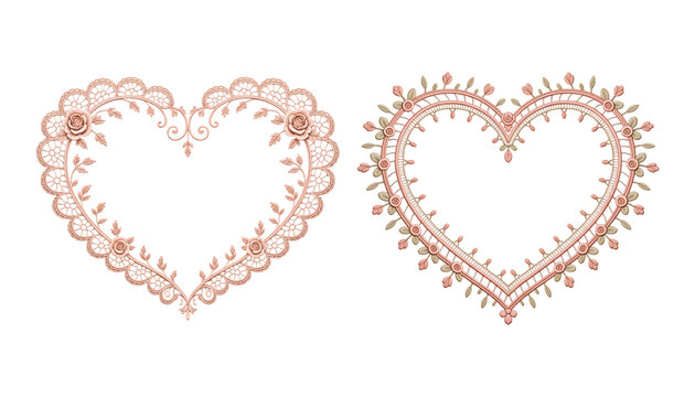 Two delicate lace heart frames with floral details elegant vector design elements for wedding invitations or romantic cards isolated on white background
