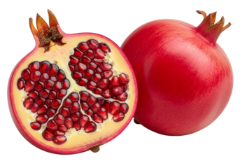 Vibrant pomegranates showing juicy seeds and rich red skin, perfect for healthy eating promotions and recipes, a symbol of prosperity and abundance