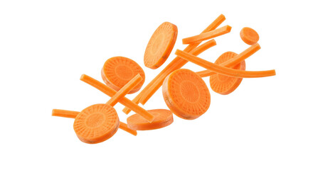 Fresh vibrant carrot slices and sticks floating in mid-air, adding natural color and healthy appeal to culinary projects and nutritional content creation today