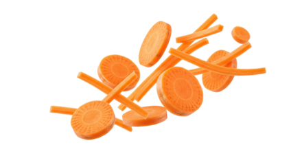 Fresh vibrant carrot slices and sticks floating in mid-air, adding natural color and healthy appeal to culinary projects and nutritional content creation today