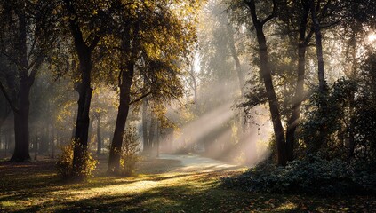Obraz premium Sunlight streams through the trees in a misty forest creating a serene and ethereal atmosphere
