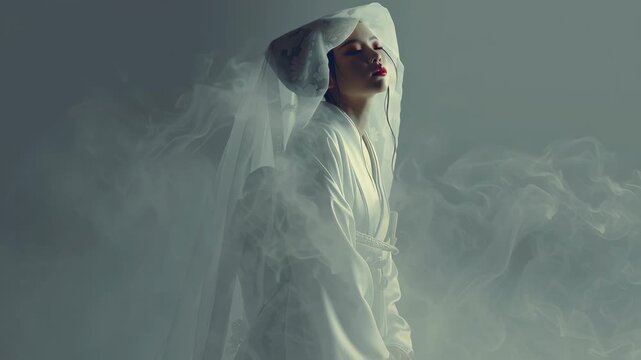 A woman wearing a white dress and a white veil. Traditional Japanese ghost woman blending into fog, white kimono flowing softly, artistic surreal realism, Japanese ghost woman yurei