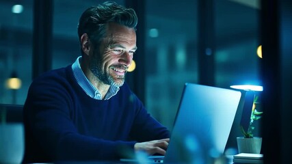 Smiling businessman working late on a laptop in a modern office at night. - Powered by Adobe