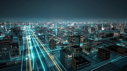 A futuristic cityscape at night with glowing lines representing data flow and connectivity - Powered by Adobe